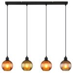 Lampă suspendată din metal negru mat, globuri de sticlă, cablu PVC negru, înălțimea poate fi scurtată, culori sticlă: 1 x verde, 2 x bronz, 1 x petrol, sticla este albă în interior, LxLxA: 900x150x1200mm, fără 4x E27 25W 230V - imagine 5