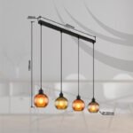 Lampă suspendată din metal negru mat, globuri de sticlă, cablu PVC negru, înălțimea poate fi scurtată, culori sticlă: 1 x verde, 2 x bronz, 1 x petrol, sticla este albă în interior, LxLxA: 900x150x1200mm, fără 4x E27 25W 230V - imagine 6