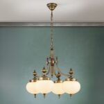 Candelabru NOSTALGIE, 4 lampi E27, alama solida antica, abajur sticla opal, diametrul 58cm ORION