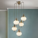 Pendul NOSTALGIE, 5xE27, alama antica, abajur sticla opal, Ø55cm ORION
