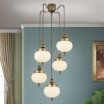 Pendul NOSTALGIE, 5xE27, alama antica, abajur sticla opal, Ø55cm ORION - imagine 3
