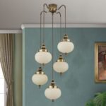 Pendul NOSTALGIE, 5xE27, alama antica, abajur sticla opal, Ø55cm ORION - imagine 4