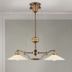 Candelabru ARTDESIGN E27 alama solida finisaj alamă antică, abajur sticla șampanie, 2 lămpi + sistem de scripete ORION