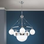 Candelabru ALT VIEN, 5+1 lampi E14, alama solida nichelata, abajur sticla opal, diametrul 70cm ORION