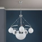 Candelabru ALT VIEN, 5+1 lampi E14, alama solida nichelata, abajur sticla opal, diametrul 70cm ORION - imagine 4