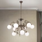 Candelabru RINGSTRASSE, 9 lămpi E27 alama solida finisaj alamă antică cu abajur opal ORION