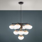 Candelabru JOSEPHINE, 10 lampi E27, otel negru, abajur sticla opal, diametrul 73.5cm ORION