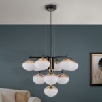 Candelabru JOSEPHINE, 10 lampi E27, otel negru, abajur sticla opal, diametrul 73.5cm ORION - imagine 4
