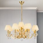 Candelabru de cristal KRISTALLDESIGN, 12 lampi E14, 105x70cm, alama solida aurie cu nuanta de sampanie, pandantive de cristal Swarovski ORION