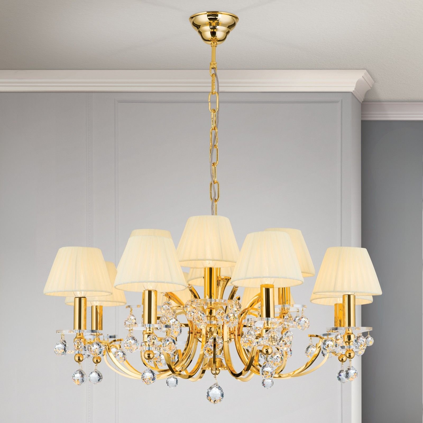 011.2144-0702_01_n3 Candelabru de cristal KRISTALLDESIGN, 12 lampi E14, 105x70cm, alama solida aurie cu nuanta de sampanie, pandantive de cristal Swarovski ORION - imagine 1