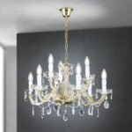 Candelabru de cristal MARIE CLAIRE, 9 lumini E14,cadru otel auriu, pandantive din sticla cristalinizata, diametru 65cm ORION