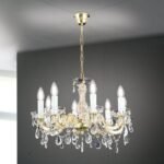 Candelabru de cristal MARIE CLAIRE, 8 lumini E14,cadru otel auriu, pandantive din sticla cristalinizata, diametru 56cm ORION