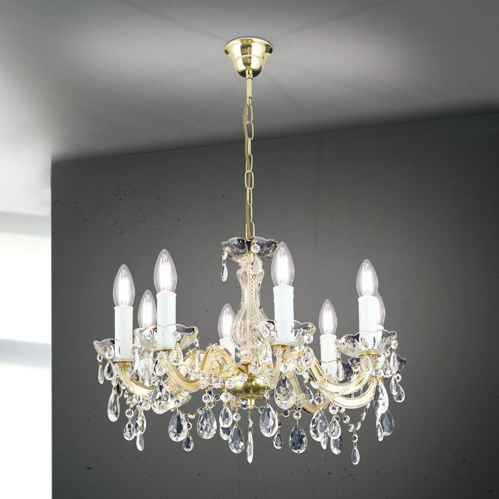 011.2243-04_01_n3 Candelabru de cristal MARIE CLAIRE, 8 lumini E14,cadru otel auriu, pandantive din sticla cristalinizata, diametru 56cm ORION - imagine 1