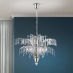 Candelabru de cristal PALME, 12 lampi G9, alama solida cromata, pandantive de cristal Schoeler ORION