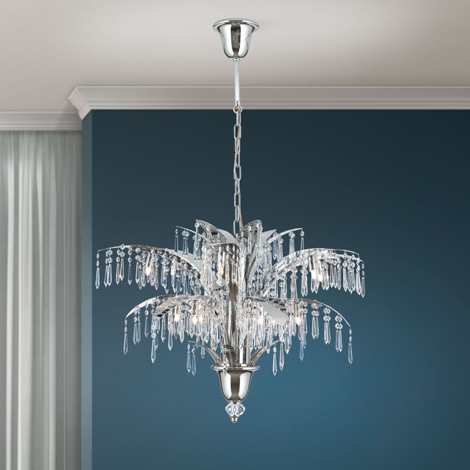 011.2358-004_01_n2 Candelabru de cristal PALME, 12 lampi G9, alama solida cromata, pandantive de cristal Schoeler ORION - imagine 1
