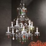 Candelabru VERONA, 11 flacari E14, otel antic-auriu, pandantive de sticla clara-taiata, diametrul 78cm ORION