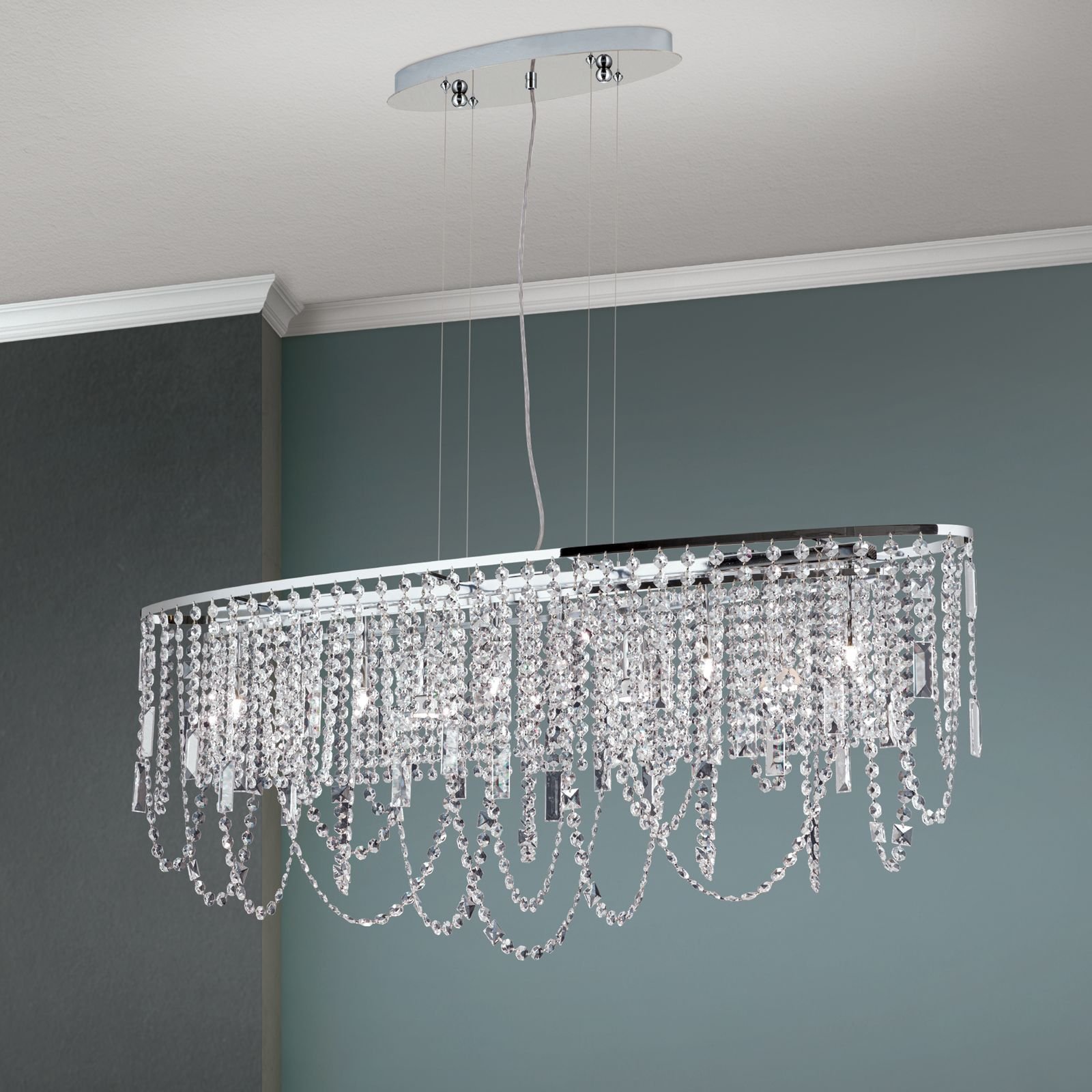 011.2399-02_01_n2 Candelabru de tavan KRISTALLDESIGN în formă ovală, 110x25cm, 6 lumini G9, alama solida finisaj alamă cromata, pandantive de cristal Schoeler ORION - imagine 1