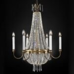 Candelabru EMPIRE CRYSTAL, 6 lumini E14, cadru alama solida, pandantive sticlă de cristal Asfour, diametru 62cm, finisaj alamă antică ORION