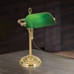 Lampa de masa HARVARD, Baza soclu alama solida, Nuanta alama aurie, Abajur de sticlă verde pivotant și reglabil pe înălțime, Comutator cu snur de tragere, E14, 40W, Inaltime 32cm ORION