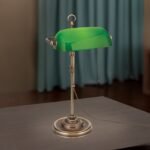 Lampa de masa HARVARD, Baza soclu alama solida, Nuanta alama antica, Abajur de sticlă verde pivotant și reglabil pe înălțime, Comutator cu snur de tragere, E27, 60W, Inaltime 53cm ORION