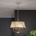 Candelabru Clasic FLAMAND, 4 lampi, alama masiva patinata, abajur piele maro,  E14 4x40W, Stilluster , ORION