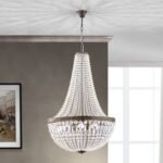 Candelabru ARILA, 6 lampi E27, otel antic-auriu, pandantive de sticla clara-taiata, diametrul 60cm ORION