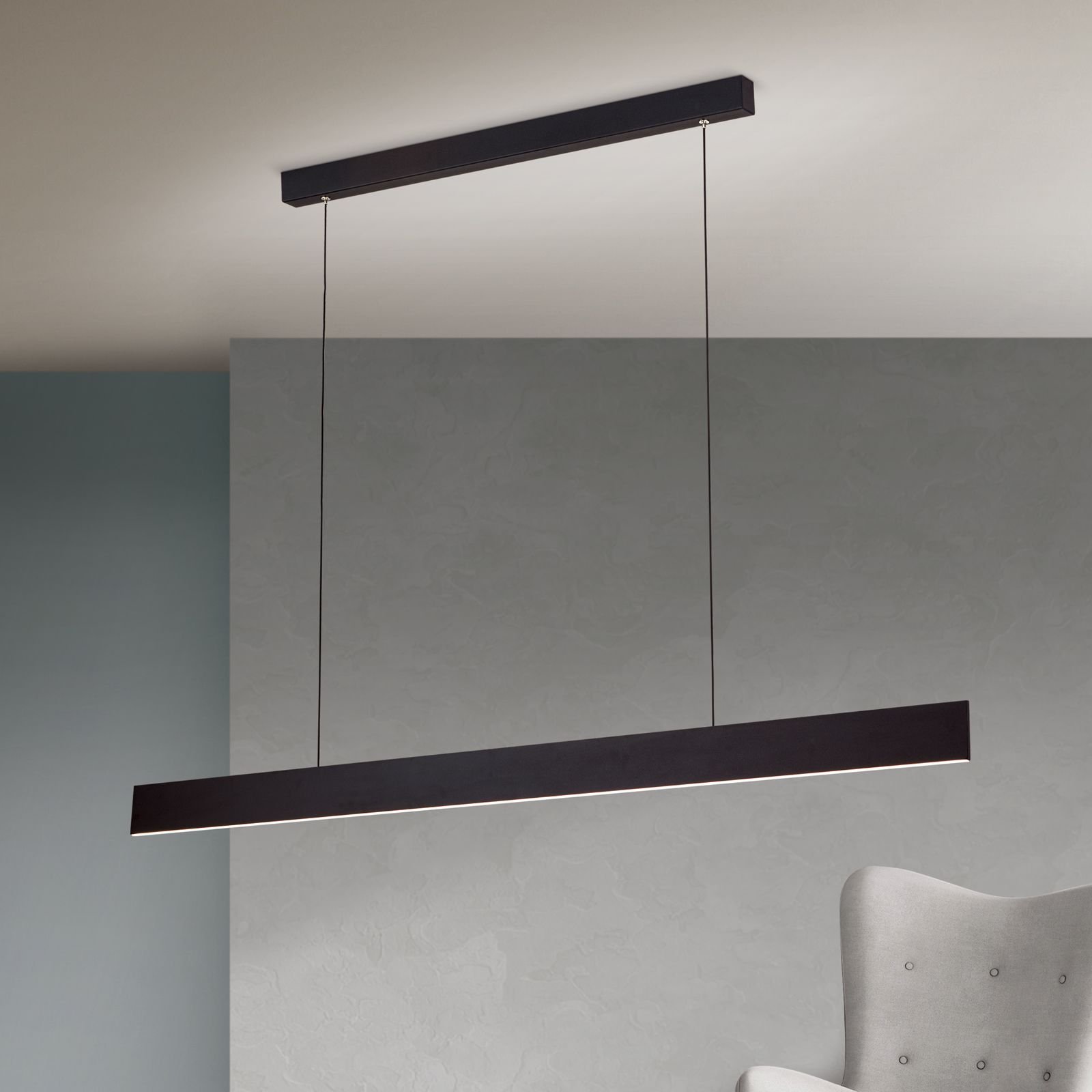 060.1695-02_01_n2 Pendul LED GIDEON, Baza din otel, Abajur din aluminiu cu banda LED lumină în sus și în jos, reglabilă, Negru, 44W/810+1890lm/3000K, Lumina calda, Dimabil, Lungime 146.5cm, Inaltime 150cm IP20 ORION - imagine 1