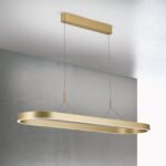 Pendul LED CARRARA, Auriu periat, Baza din otel, Abajur din aluminiu cu banda LED 80W/4500lm/3CCT Lumina calda-neutra-rece, Dimambil, Latime 30cm, Lungime 120cm, Inaltime 200cm IP20 ORION