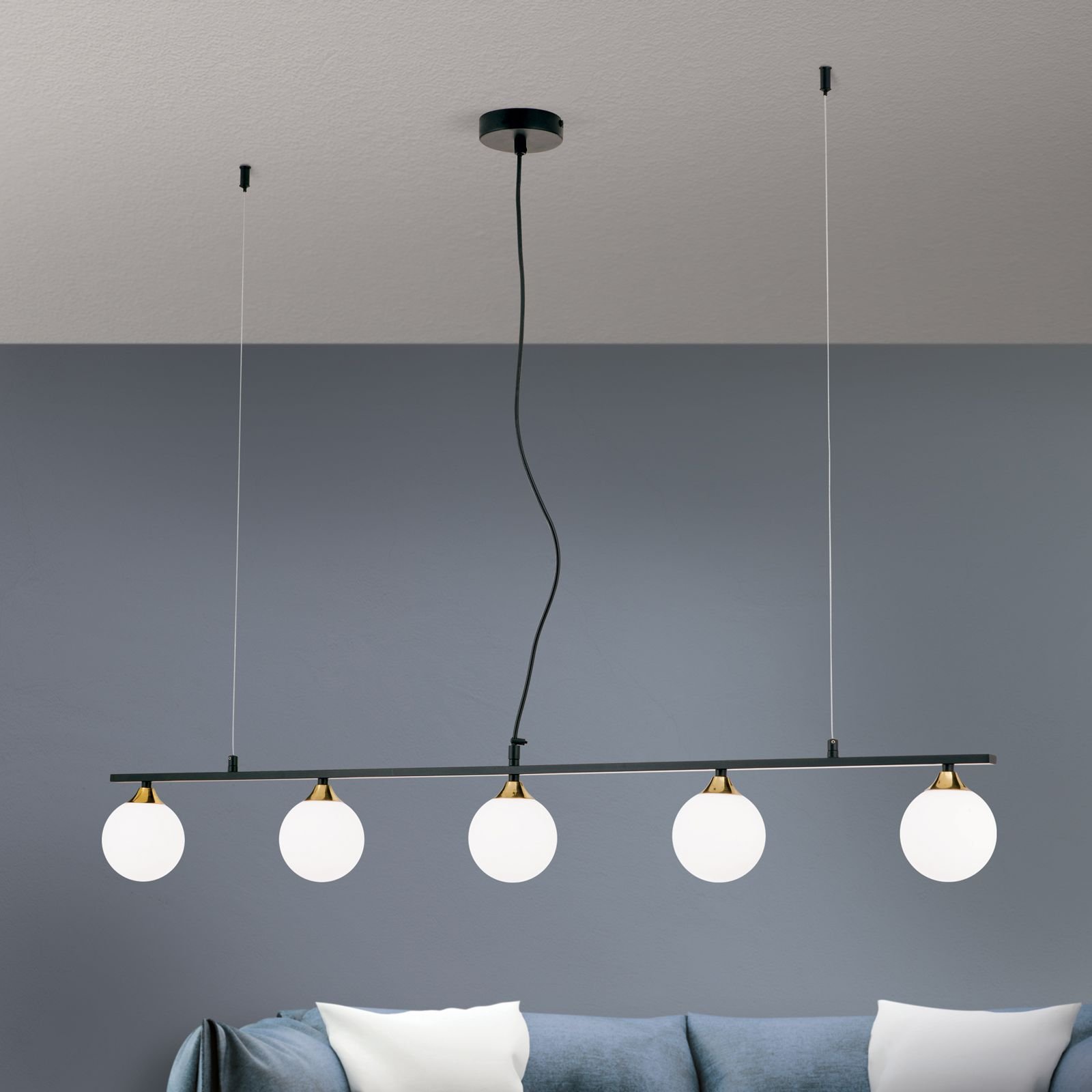 060.1804-01_01_n2 Suspensie SNOWWHITE, 5 lampi G9, otel negru, abajur sticla opal, lungime 120cm ORION - imagine 1