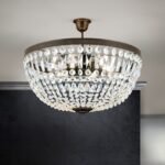 Plafoniera ARILA, 6 lampi E27, otel antic-auriu, pandantive de sticla clara-taiata, diametrul 60cm ORION