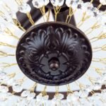 Plafoniera ARILA, 6 lampi E27, otel antic-auriu, pandantive de sticla clara-taiata, diametrul 60cm ORION - imagine 7