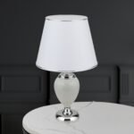 Lampa de masa OVUM, Baza ceramica alba cu soclu metalic cromat, Abajur nuanta alba din stofa chintz cu bordura decorativa crom,  E27, 40W, Inaltime 48cm ORION - imagine 6