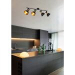 Plafoniera Clasica Fillo, 4 Spoturi metal negru pe bara, abajur negru + auriu la interior, metal, mobil, dulie E14 x4 fara becuri, GLOBO