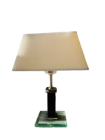 Veioza/Lampa de Masa LA 4-980/1 SATIN E27 1x40W Baza Sticla Groasa Clar si Metal Chrom Imbracat Partial in Piele Neagra, Abajur Dreptunghi Crem, Intrerupator pe Fir ORION
