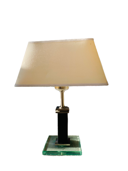 47488135 Veioza/Lampa de Masa LA 4-980/1 SATIN E27 1x40W Baza Sticla Groasa Clar si Metal Chrom Imbracat Partial in Piele Neagra, Abajur Dreptunghi Crem, Intrerupator pe Fir ORION - imagine 1