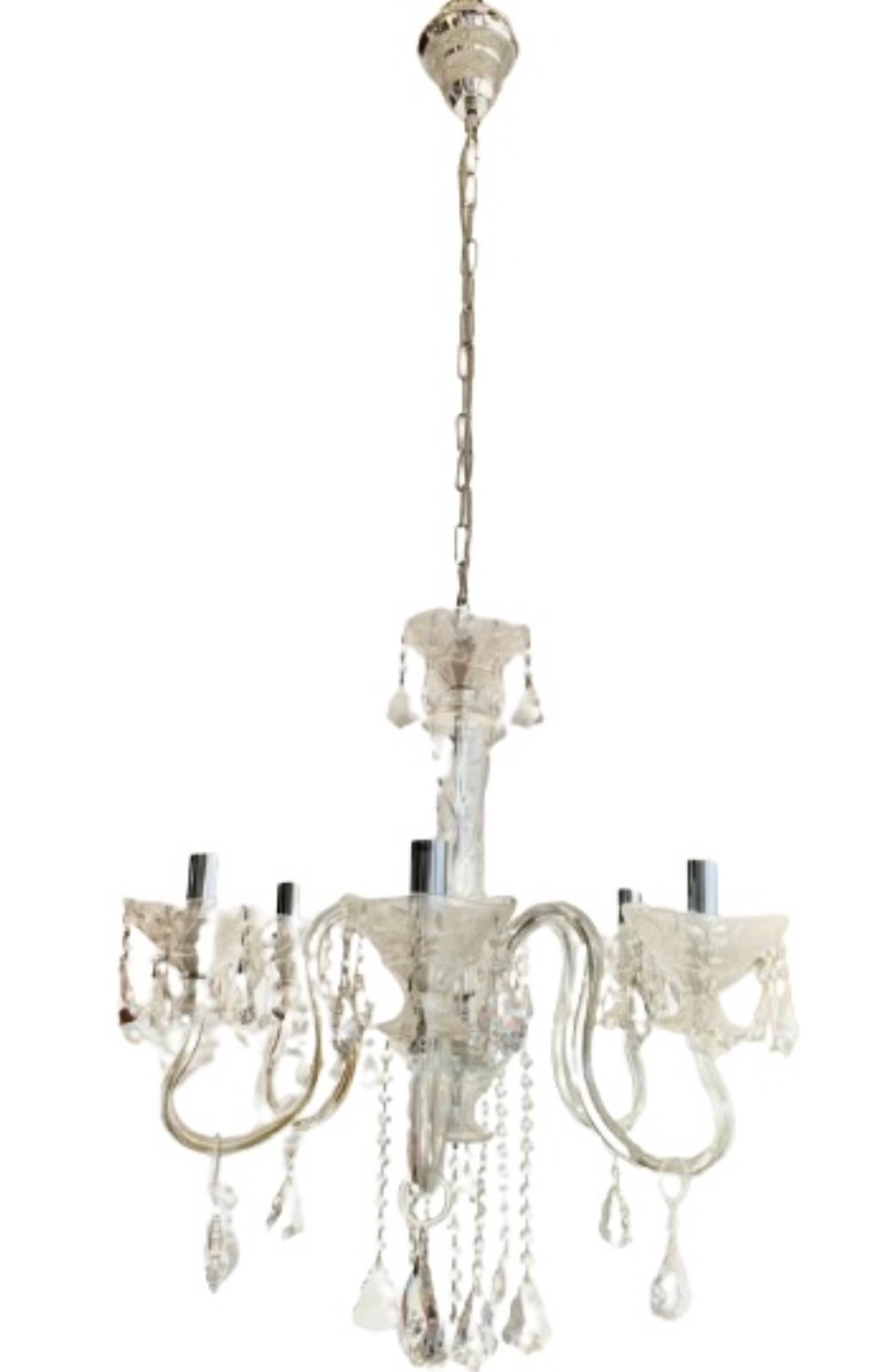 47571105 Candelabru cu Lant Soclu E14 6x60W Imitatie Lumanari, Brate din Sticla Transparenta si Cristale cu Farfurii din sticla cristalinizata Inaltime 80cm, Suspensie 60cm, Diametru 65cm ORION - imagine 1