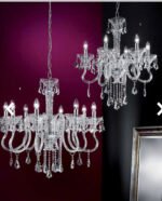 Candelabru cu Lant Soclu E14 6x60W Imitatie Lumanari, Brate din Sticla Transparenta si Cristale cu Farfurii din sticla cristalinizata  Inaltime 80cm, Suspensie 60cm, Diametru 65cm ORION - imagine 4