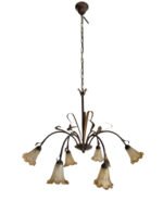 Lustra Eleganta LU 1639/6 ANTIK G9 6x40W Cadru Metal Antichizat cu Lant Multicolor, Abajur Sticla Maroniu Imitatie Bulbi, Inaltime Totala 110cm ORION