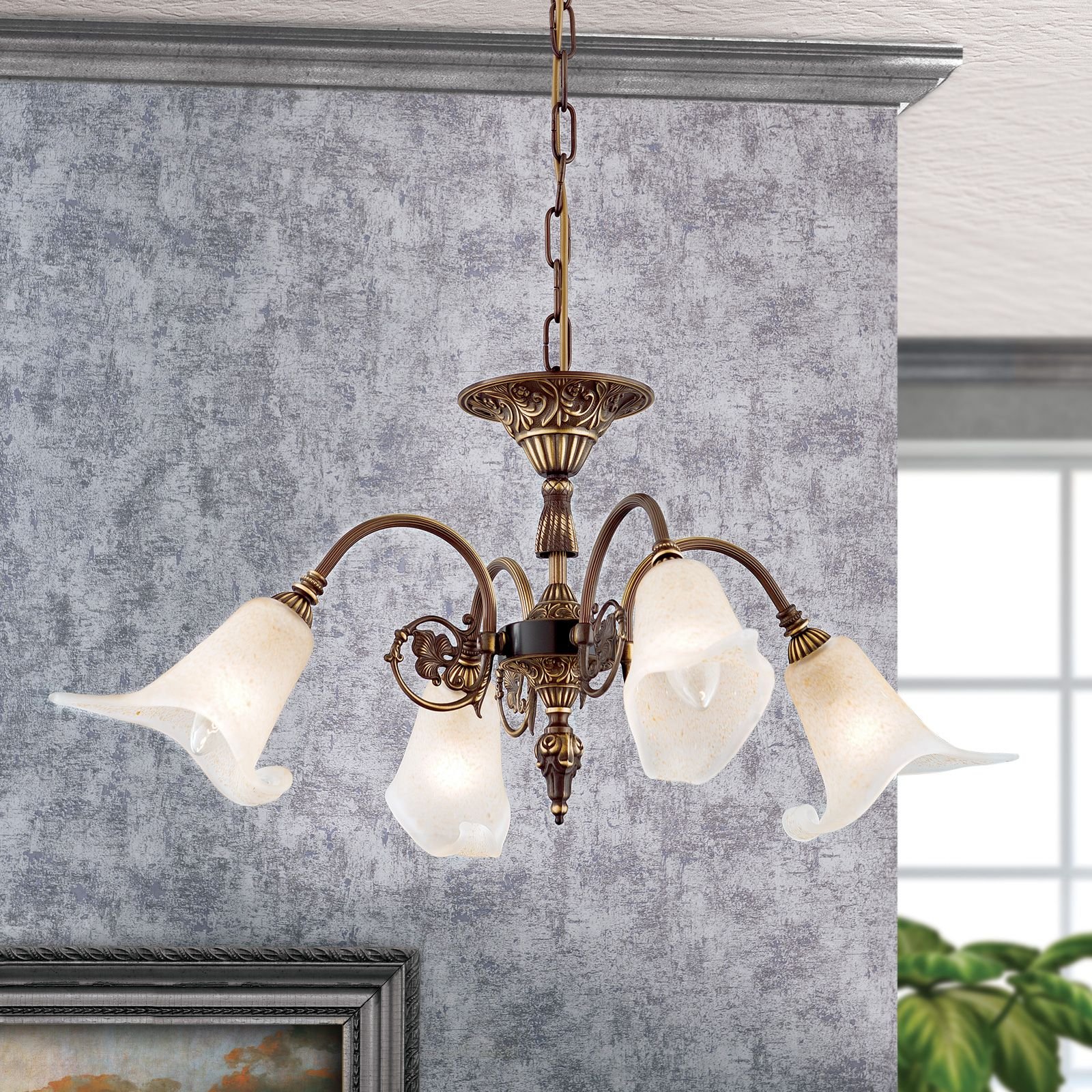 47962756 Candelabru din alama masiva patinata Tosca LU 1617/4 ALTPATINA E14 4x40W Brate Alama si Abajur Sticla Imitatie Bulb Crin Inaltime 30cm, Suspensie 60cm, Diametru 70cm ORION - imagine 1