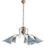 Pendul LIONE E14 5x40W 5 Brate Metal Chrom cu Lant si Abajur Sticla Imitatie Bulbi Floare Albastru L.D