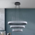 Lampa suspendata LED MANSION, Baza din otel, Nuanta negru mat, 3 inele reglabile cu Abajur policarbon opal LED 126W/10080lm/3000K dimabil, Diametrul 43/63/83cm, Înălţime: 150cm ORION - imagine 4