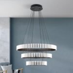 Lampa suspendata LED MANSION, Baza din otel, Nuanta negru mat, 3 inele reglabile cu Abajur policarbon opal LED 126W/10080lm/3000K dimabil, Diametrul 43/63/83cm, Înălţime: 150cm ORION