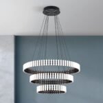 Lampa suspendata LED MANSION, Baza din otel, Nuanta negru mat, 3 inele reglabile cu Abajur policarbon opal LED 126W/10080lm/3000K dimabil, Diametrul 43/63/83cm, Înălţime: 150cm ORION - imagine 3