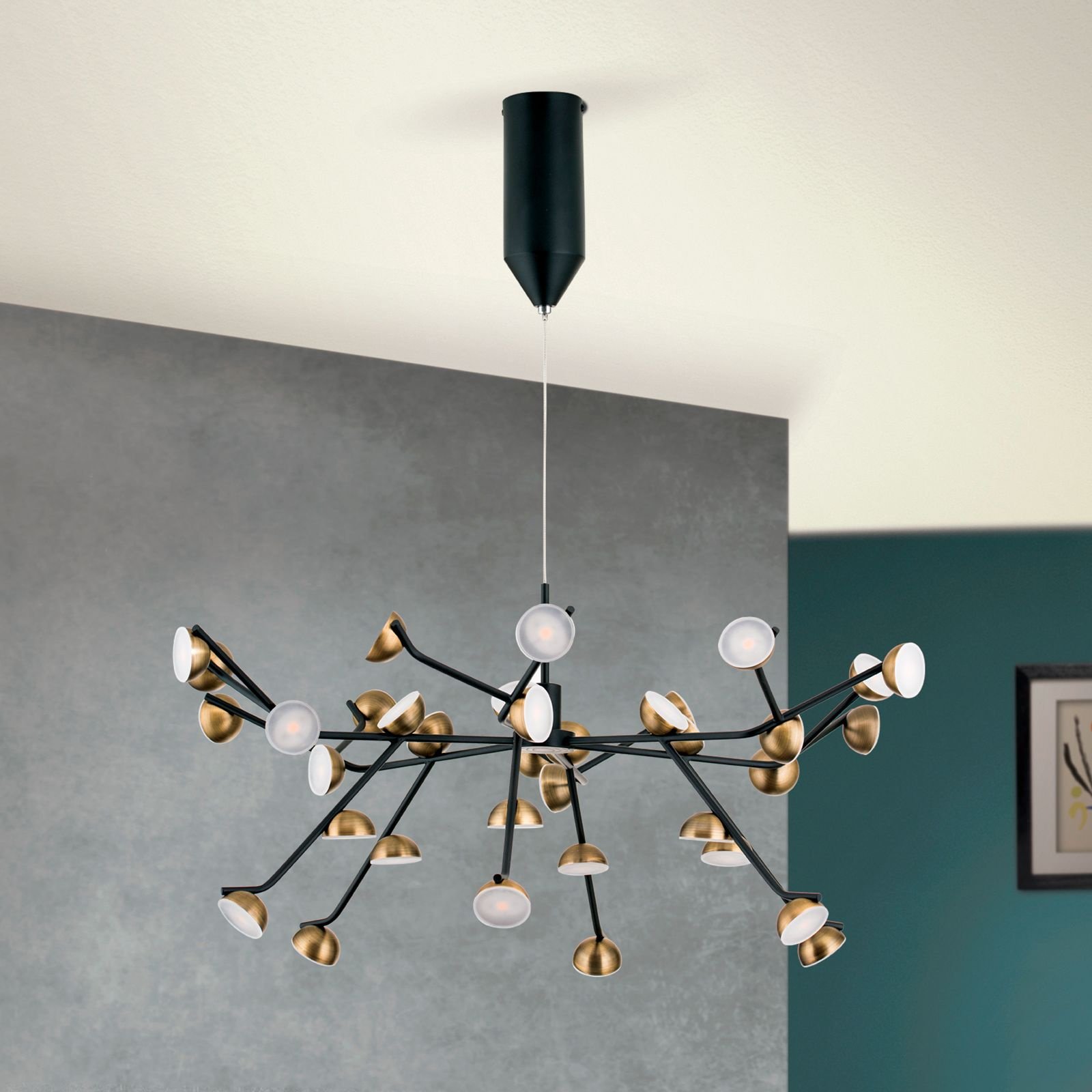 931c492d-8374-44f4-b3e9-9a9c839c1fac Lampa suspendata LED BLOSSOM, Baza soclu otel Negru, 36 lumini cu aspect antic, LED 108W/7560lm/3000K, Diametru 76cm, Inaltime 150cm ORION - imagine 1