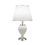 Lampa de masa OVUM, Baza ceramica alba cu soclu metalic cromat, Abajur nuanta alba din stofa chintz cu bordura decorativa crom,  E27, 40W, Inaltime 48cm ORION - imagine 2