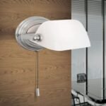 Lampa de perete HARVARD, Baza soclu alama solida, Nuanta crom satinat, Abajur de sticlă opal alb lucios, Comutator cu snur de tragere, E14, 40W, Inaltime 32cm ORION - imagine 3