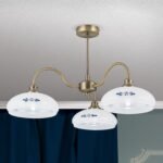 Plafoniera GABI, cu abajur din sticla opal albastru, E27 3x60W otel finisaj alama antica, 38cm IP20 ORION