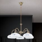 Suspensie GABI, cu abajur din sticla opal albastru, E27 5x60W otel finisaj alama antica, 35x150cm IP20 ORION