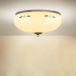 Plafoniera LANDHOUS, cu abajur din sticla crem-sampanie-albastru, E27 3x60W otel finisaj alama antica, 35cm IP20 ORION