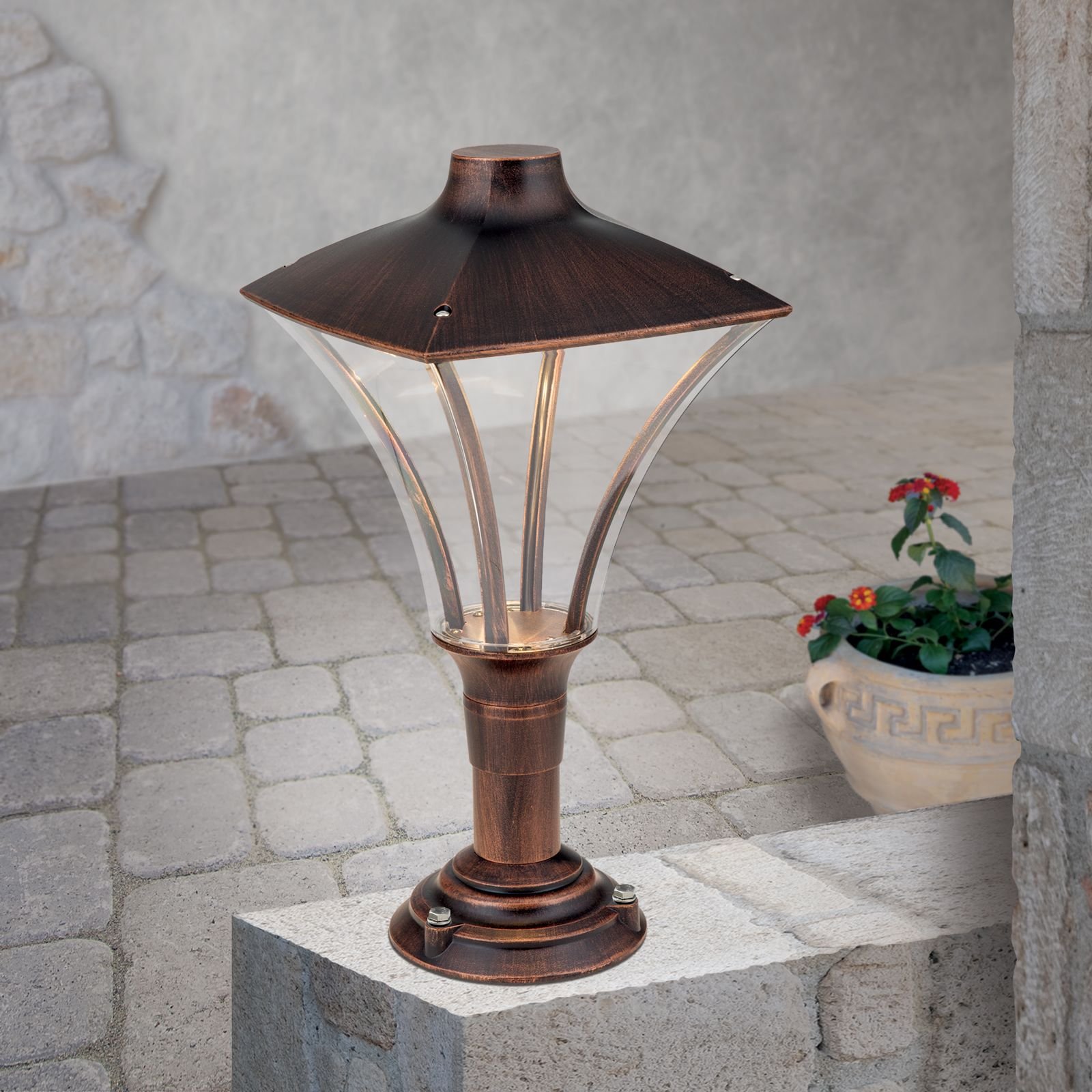 aHR0cHM6Ly93d3cub3Jpb25sZXVjaHRlbi5hdC9tZWRpYS8zYi80Yy83NS8xNjQ4NTY5ODU1LzExMS4xNzctMDFfMDFfbjIuanBn-1 Lampadar LED de exterior DAIKO, LED24W/2440lm/3000K aluminiu finisaj negru/cupru, inaltime 54cm IP65 ORION - imagine 1